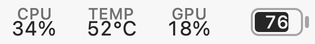 AirStats in a light menu bar reading CPU 34 percent, temperature 52 degrees, GPU 18 percent and battery 76 percent.